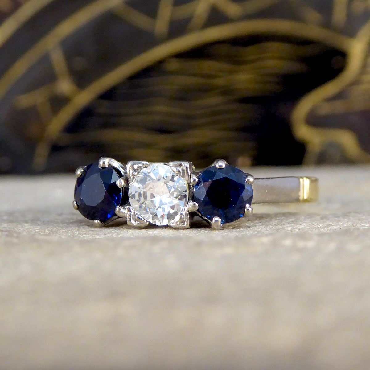 Vintage Sapphire and Diamond Three Stone Ring in 18ct Yellow Gold - Wharfedale Antiques