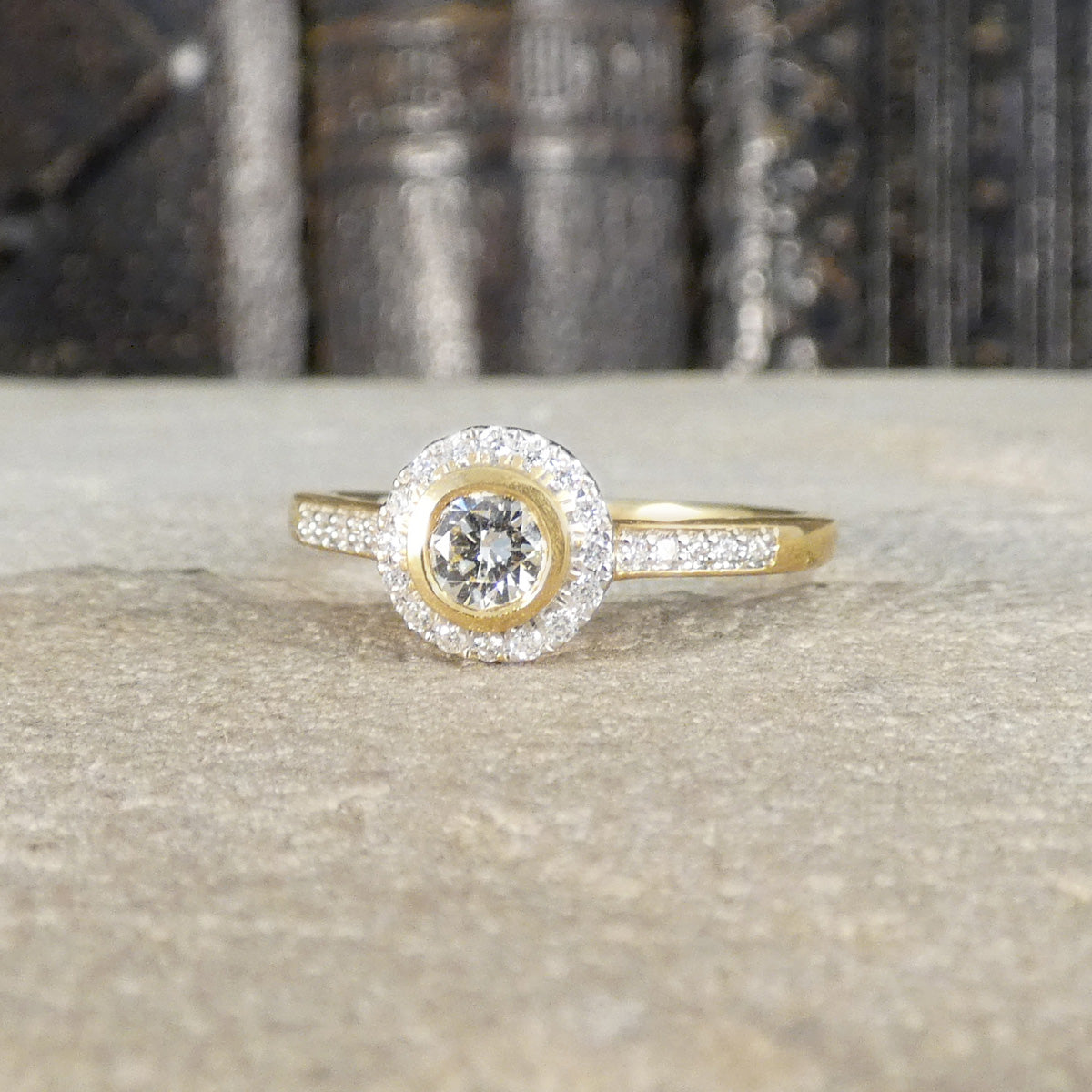 Diamond Halo Cluster Wedfit Engagement Ring in 18ct Yellow Gold