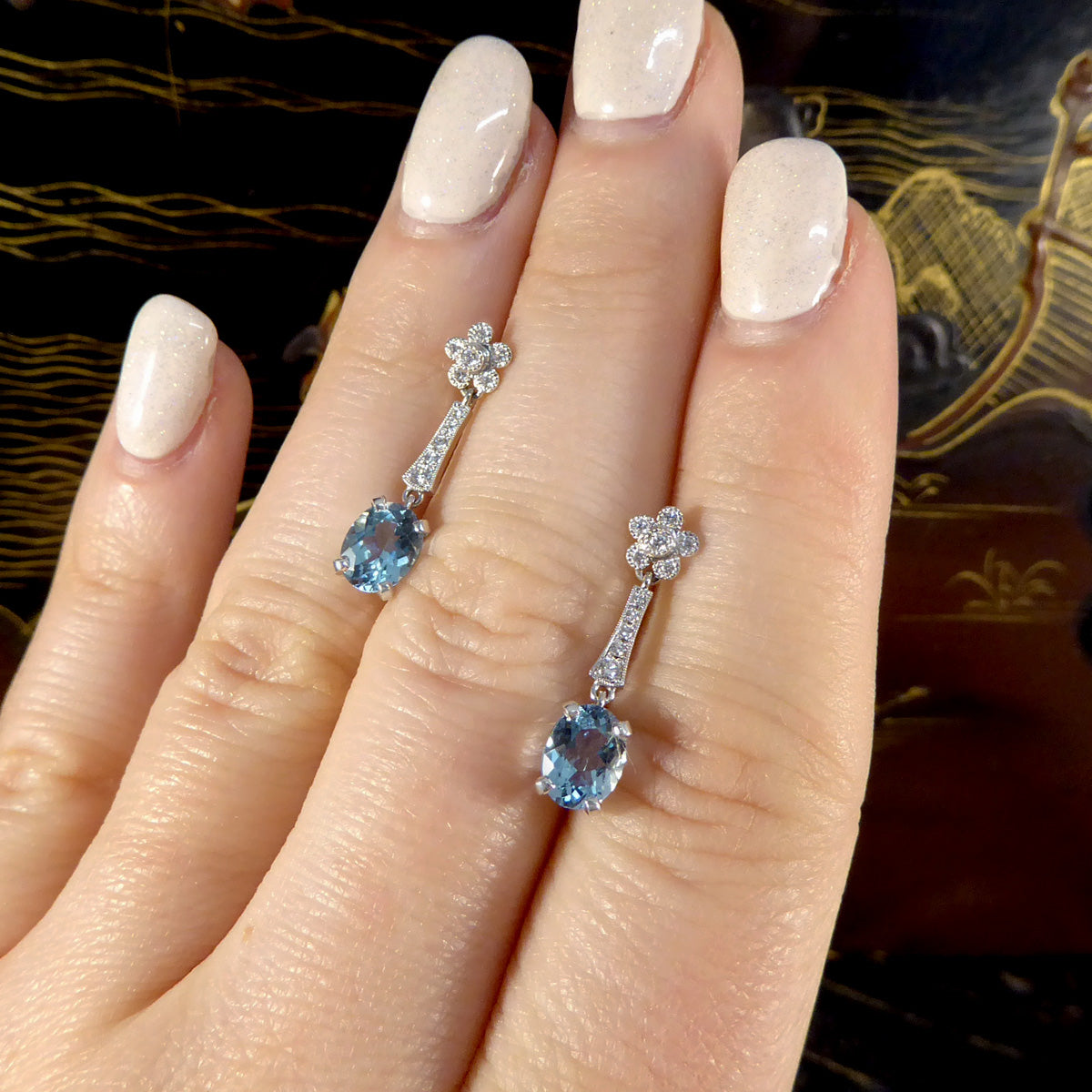 Aquamarine and Diamond Belle Epoque Inspired Drop Earrings in 18ct White Gold - Wharfedale Antiques