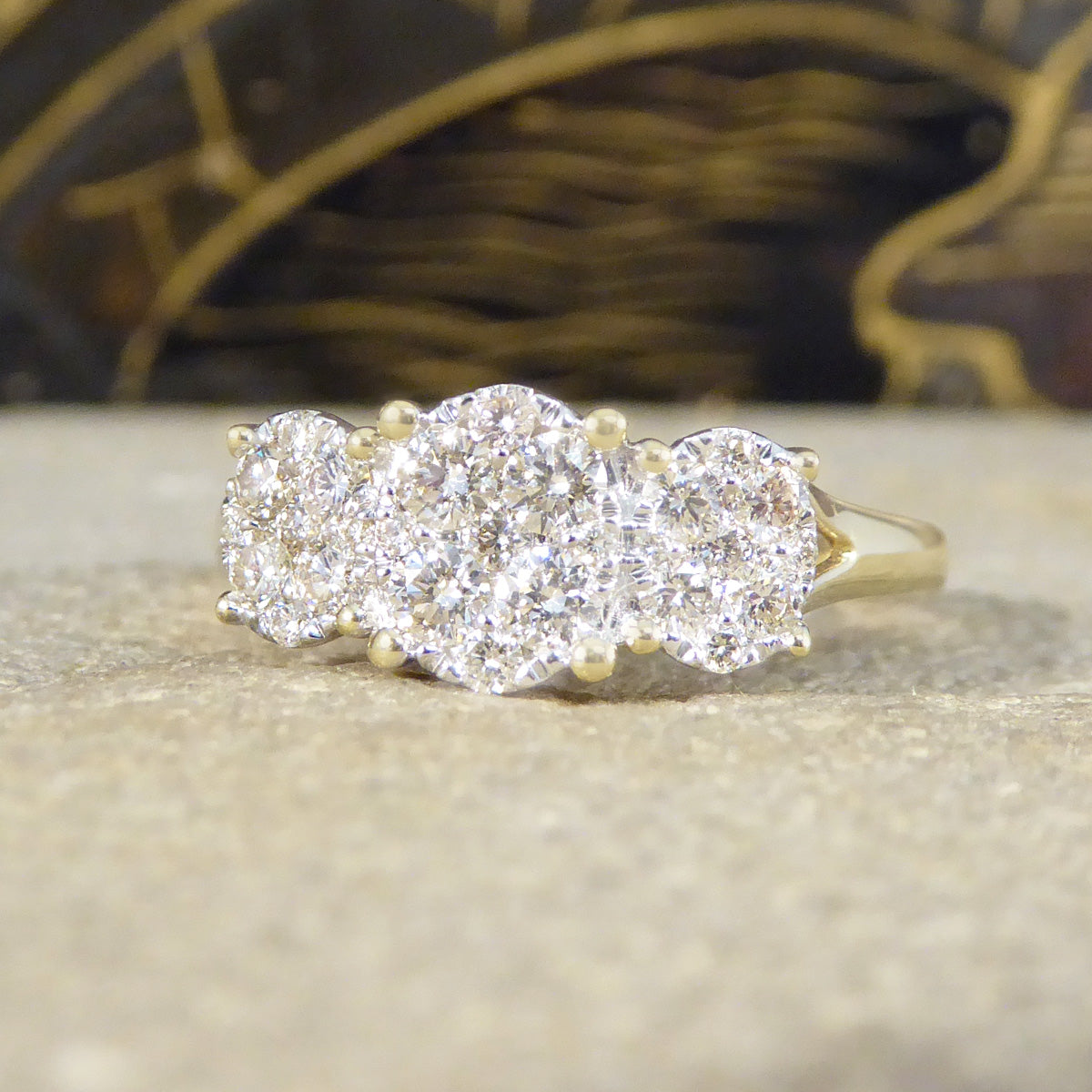Oval Cut Diamond Three Stone Illusion Cluster Ring in Yellow Gold - Wharfedale Antiques