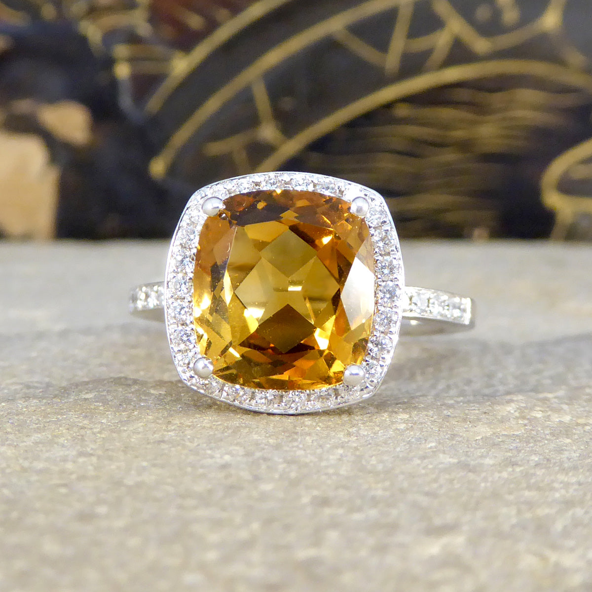 Firey 3.80ct Cushioned Citrene and Diamond Cluster Ring with Diamond Shoulders in 18ct White Gold - Wharfedale Antiques