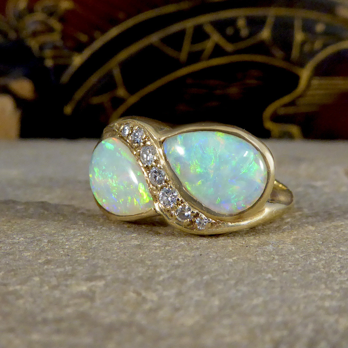Vintage Pear Cut Opal and Diamond Toi Et Moi Style Ring in Yellow Gold - Wharfedale Antiques