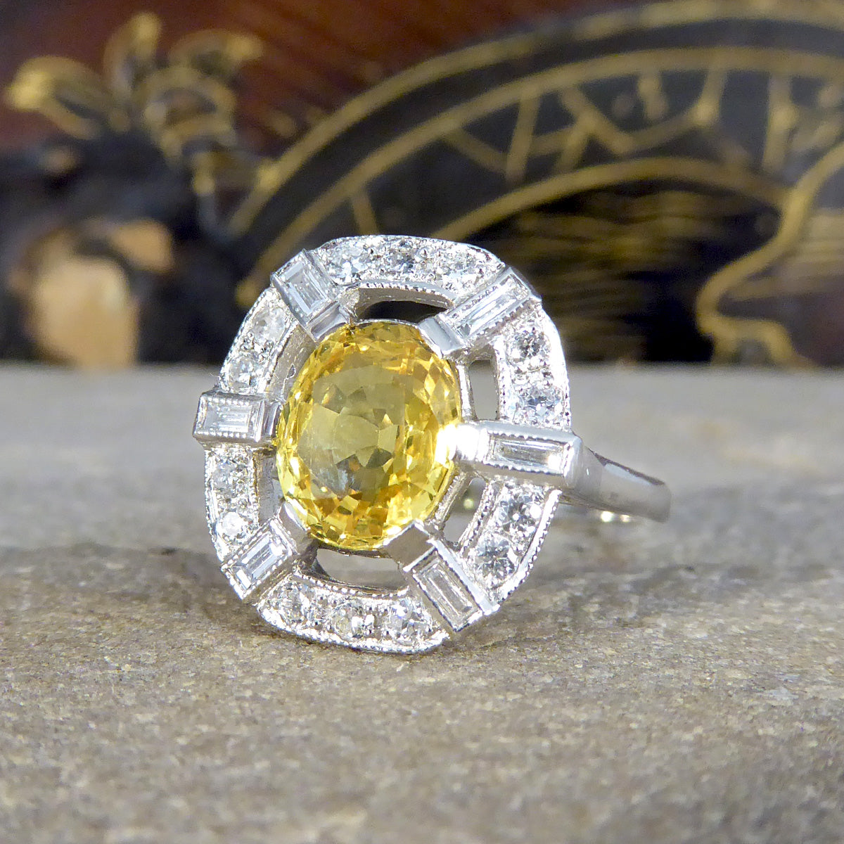 Art Deco Inspired Yellow Sapphire and Diamond Sunshine Cluster Ring in Platinum - Wharfedale Antiques