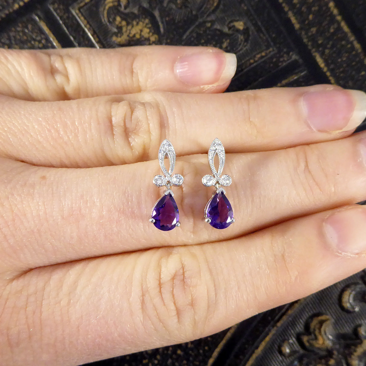Art Deco Inspired Pear Shaped Amethyst Drop Earrings with Diamonds set in 18ct White Gold - Wharfedale Antiques