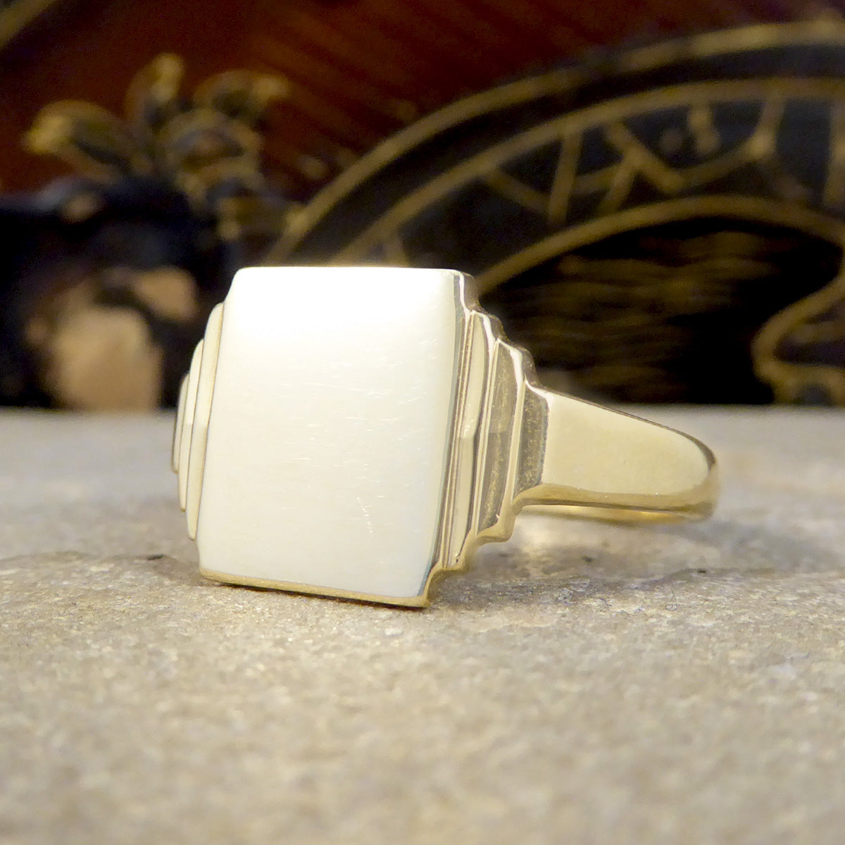 Large Vintage Rectangular Faced Signet Ring in 9ct Yellow Gold C1961 - Wharfedale Antiques
