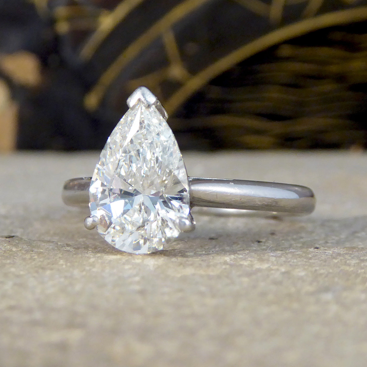 2.10ct Pear Shaped Brilliant Cut Diamond Solitaire Ring in Platinum - Wharfedale Antiques