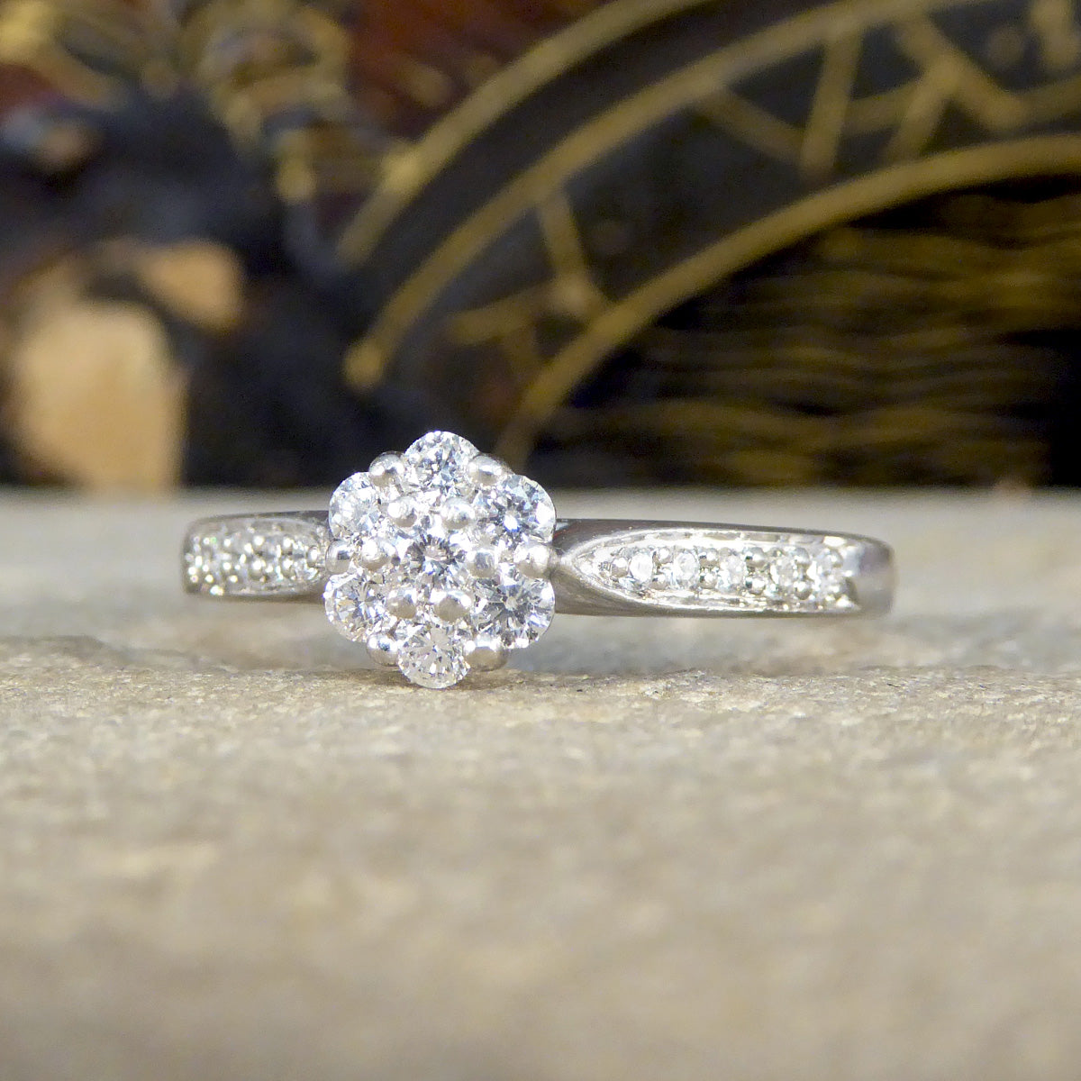 Daisy Diamond Cluster Ring with Diamond Shoulders in Platinum - Wharfedale Antiques