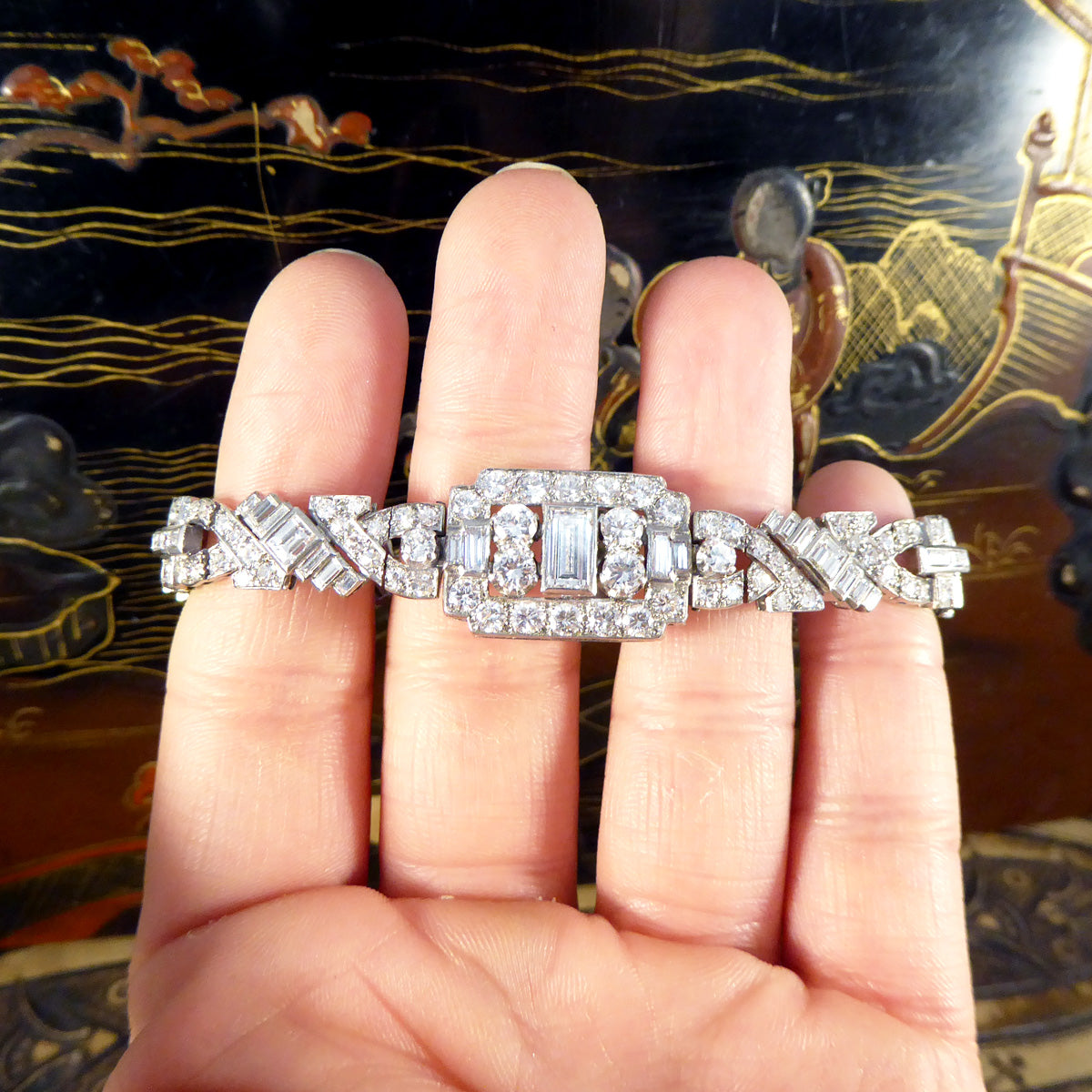 Art Deco 10.38ct Diamond Panel Bracelet in Platinum in Original Antique Box - Wharfedale Antiques
