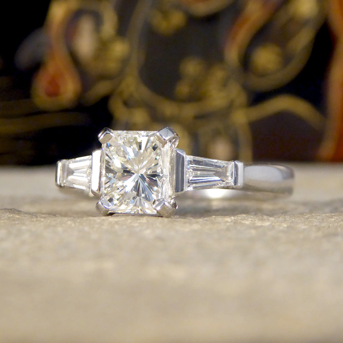 Radiant Cut Diamond Ring with Tapered Baguette Shoulder in Platinum - Wharfedale Antiques