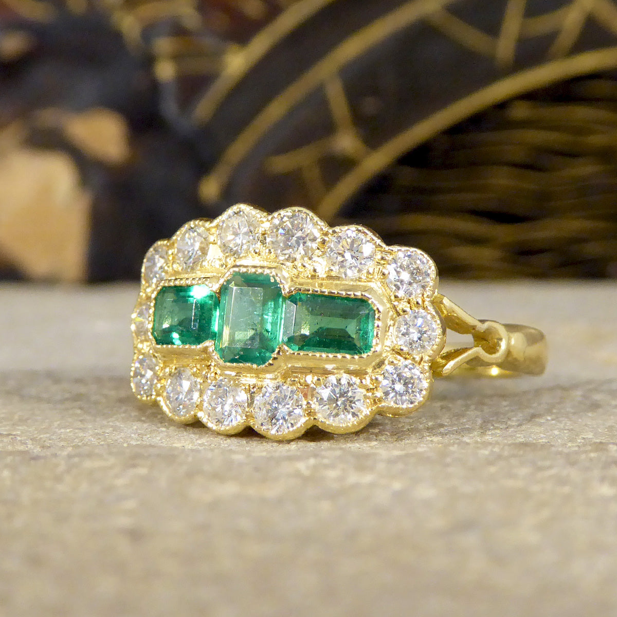 Antique Style Emerald and Diamond Boat Ring in 18ct Yellow Gold - Wharfedale Antiques