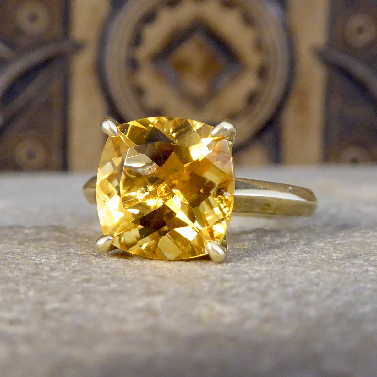 Cushion Citrene Solitaire Ring in Yellow Gold - Wharfedale Antiques