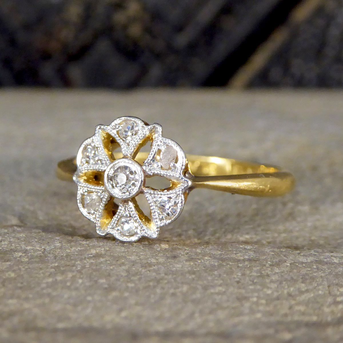 Edwardian Diamond Set Floral Ring in 18ct Yellow Gold and Platinum - Wharfedale Antiques