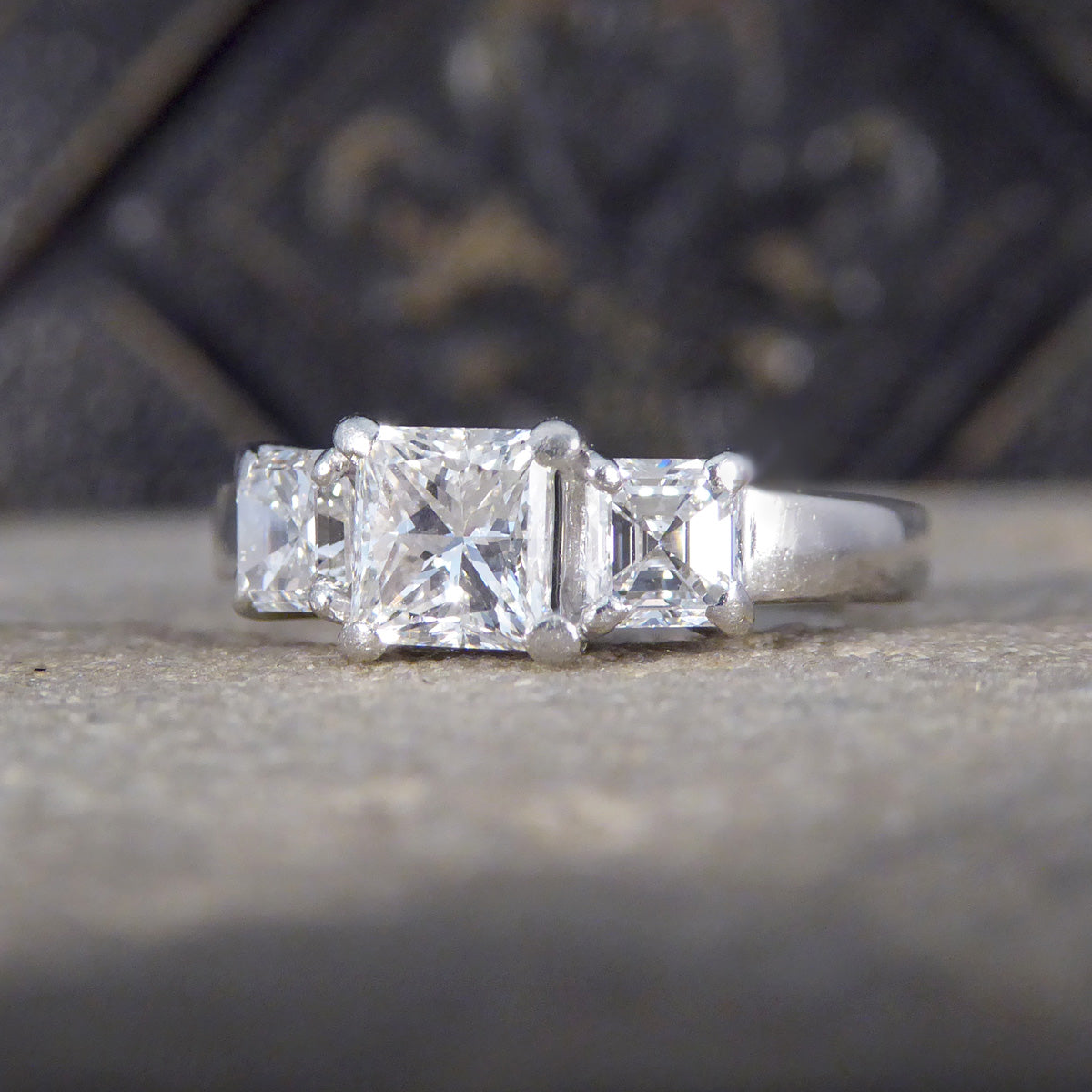 1.47ct Princess Cut and Asscher Cut Diamond Three Stone Ring in Platinum - Wharfedale Antiques