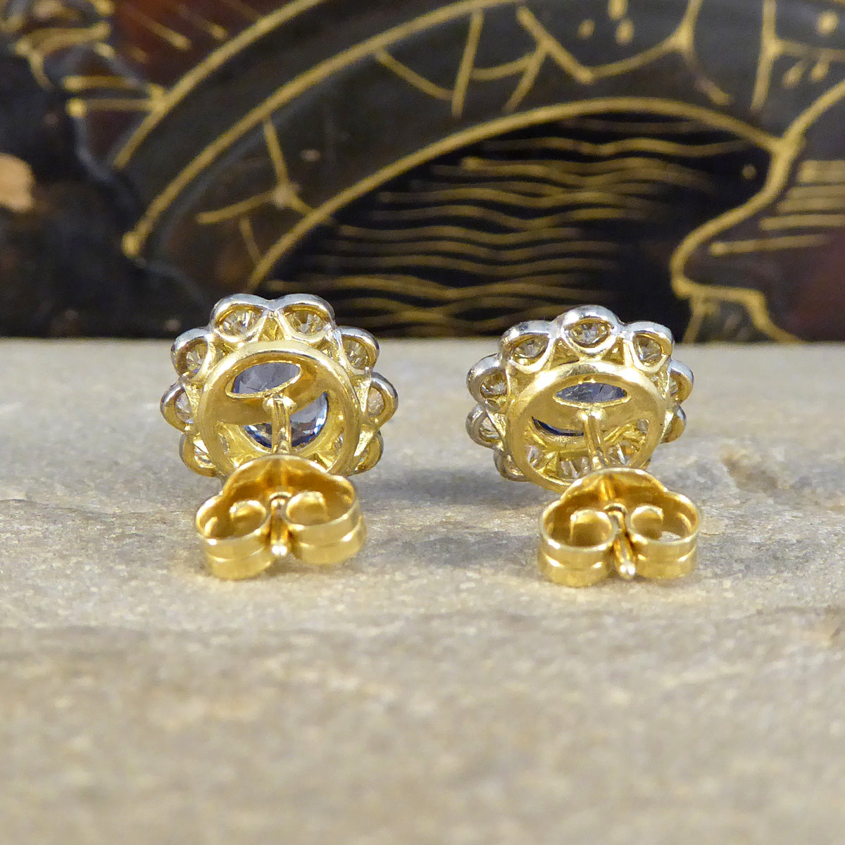 Edwardian Inspired Sapphire and Diamond Cluster Earrings in 18ct Gold - Wharfedale Antiques