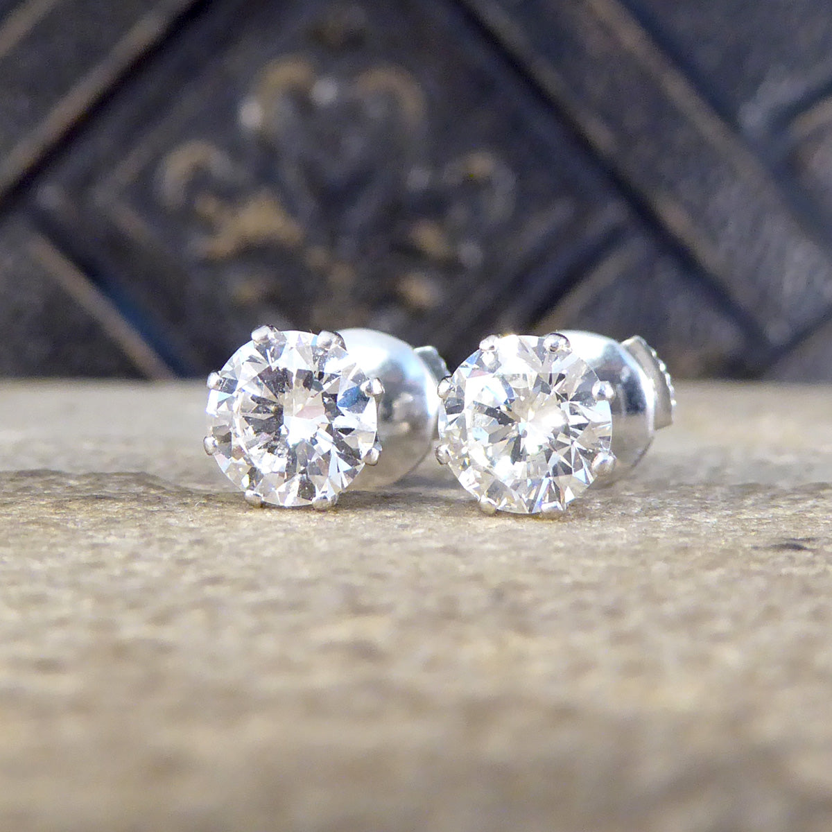 1.80ct Round Brilliant Cut Diamond Stud Earrings in Platinum - Wharfedale Antiques