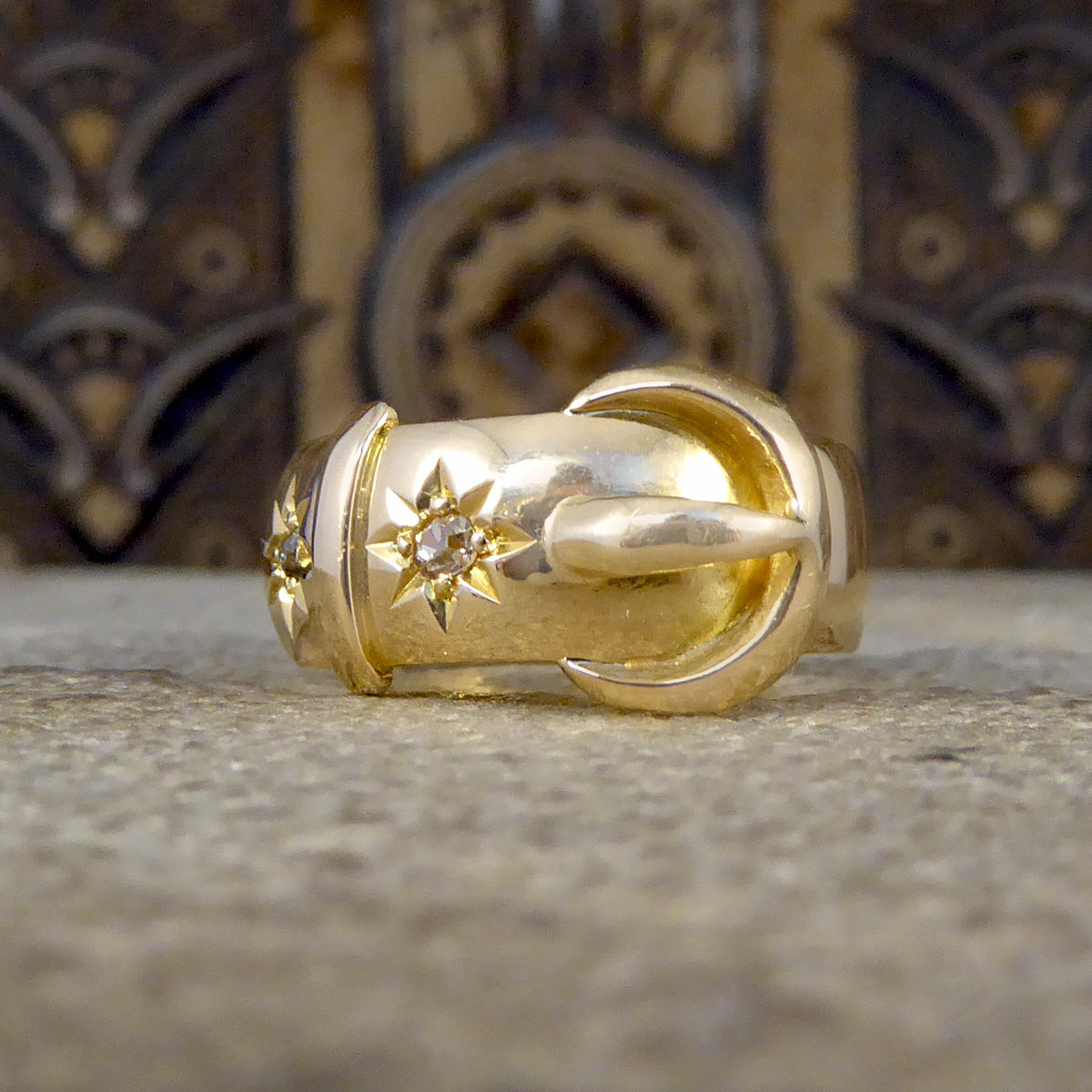 Antique C1919 Diamond set Buckle Ring in 18ct Yellow Gold - Wharfedale Antiques
