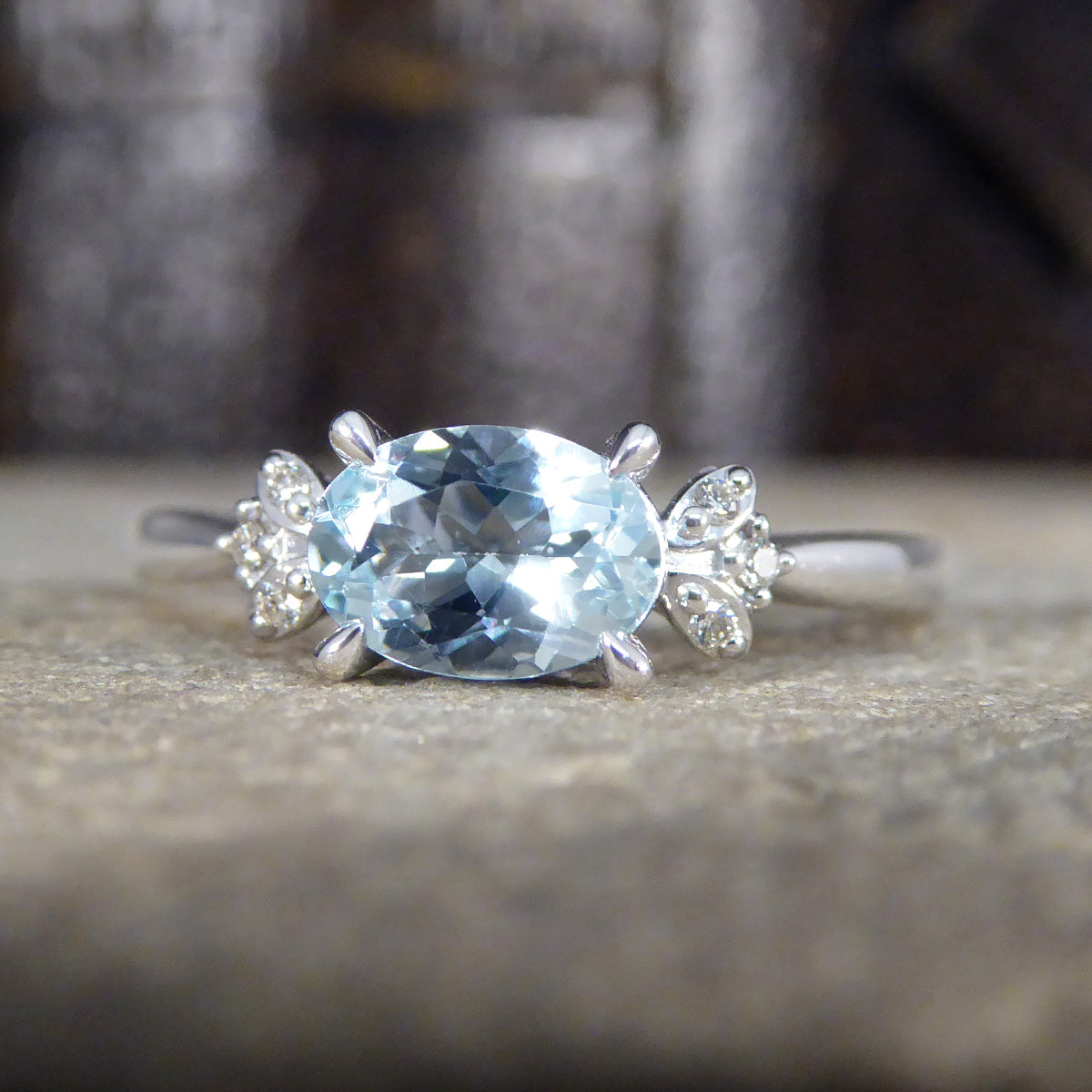 Dainty Aquamarine Ring with Diamond Set Shoulders in White Gold - Wharfedale Antiques