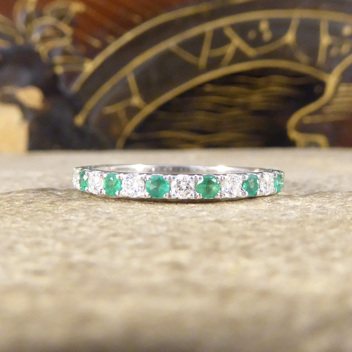 Emerald and Diamond Half Eternity Ring in White Gold - Wharfedale Antiques
