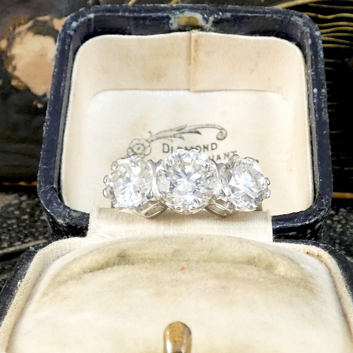 3.88ct Diamond Three Stone Trilogy Ring in Platinum displayed in box. Past, present, future. Perfect engagement ring with a bid spread.