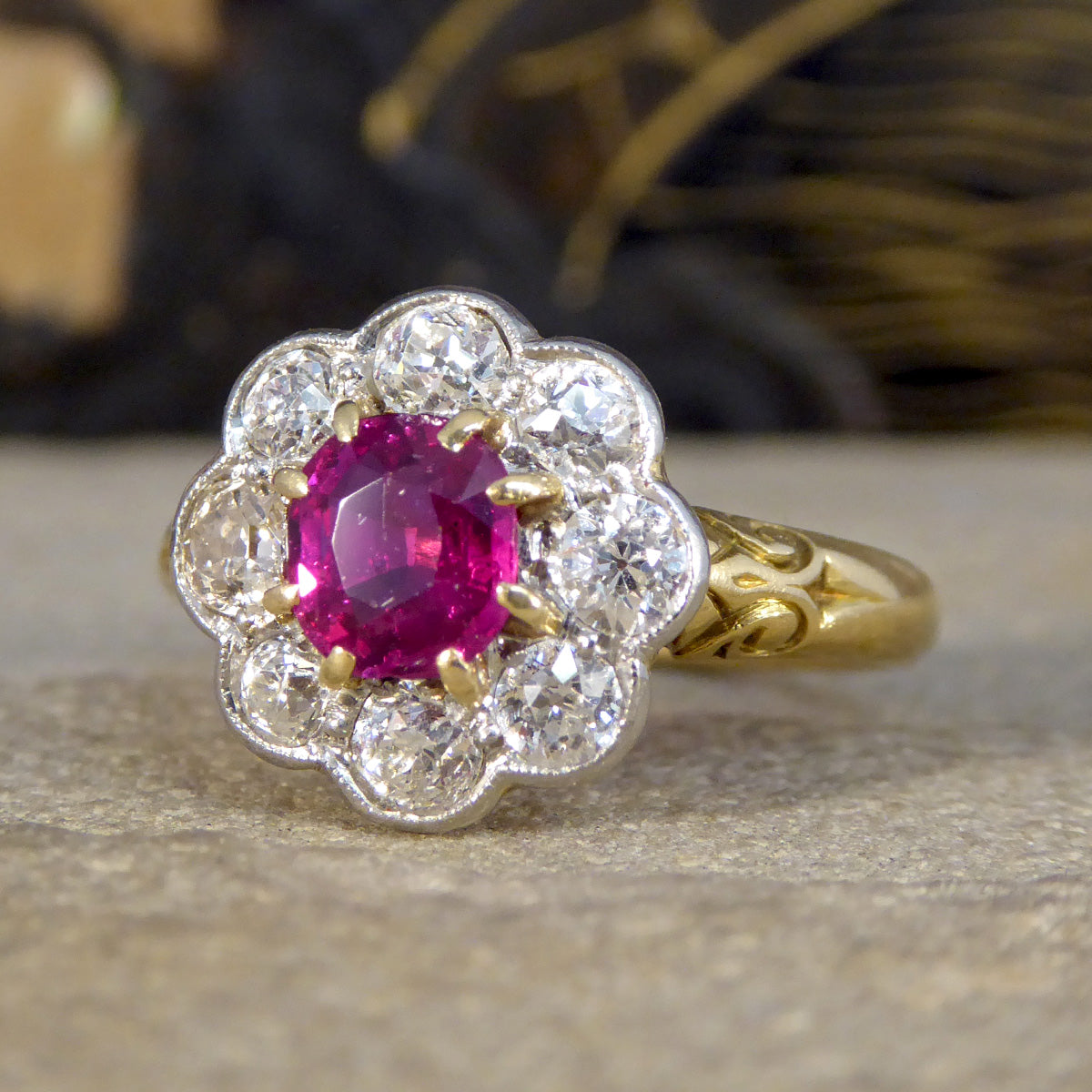 Late Victorian No Heat Burma Ruby and Diamond Cluster Ring in 18ct Yellow Gold