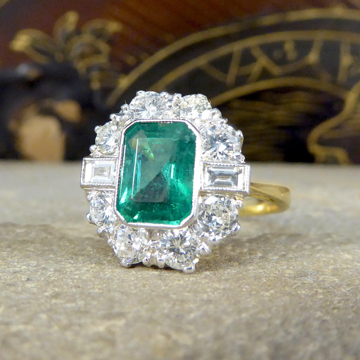 Edwardian Style 1.30ct Emerald and 1.20ct Diamond Cluster Ring in 18ct Gold - Wharfedale Antiques