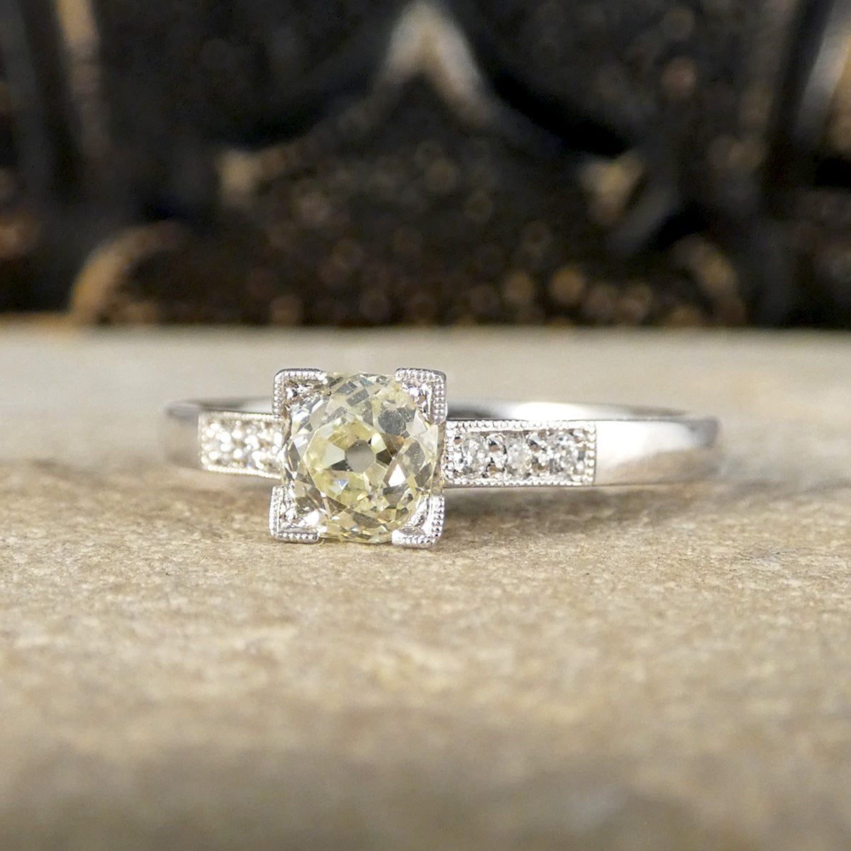 Champagne Old Cushion Cut Diamond Solitaire with Diamond set Shoulders in Platinum - Wharfedale Antiques