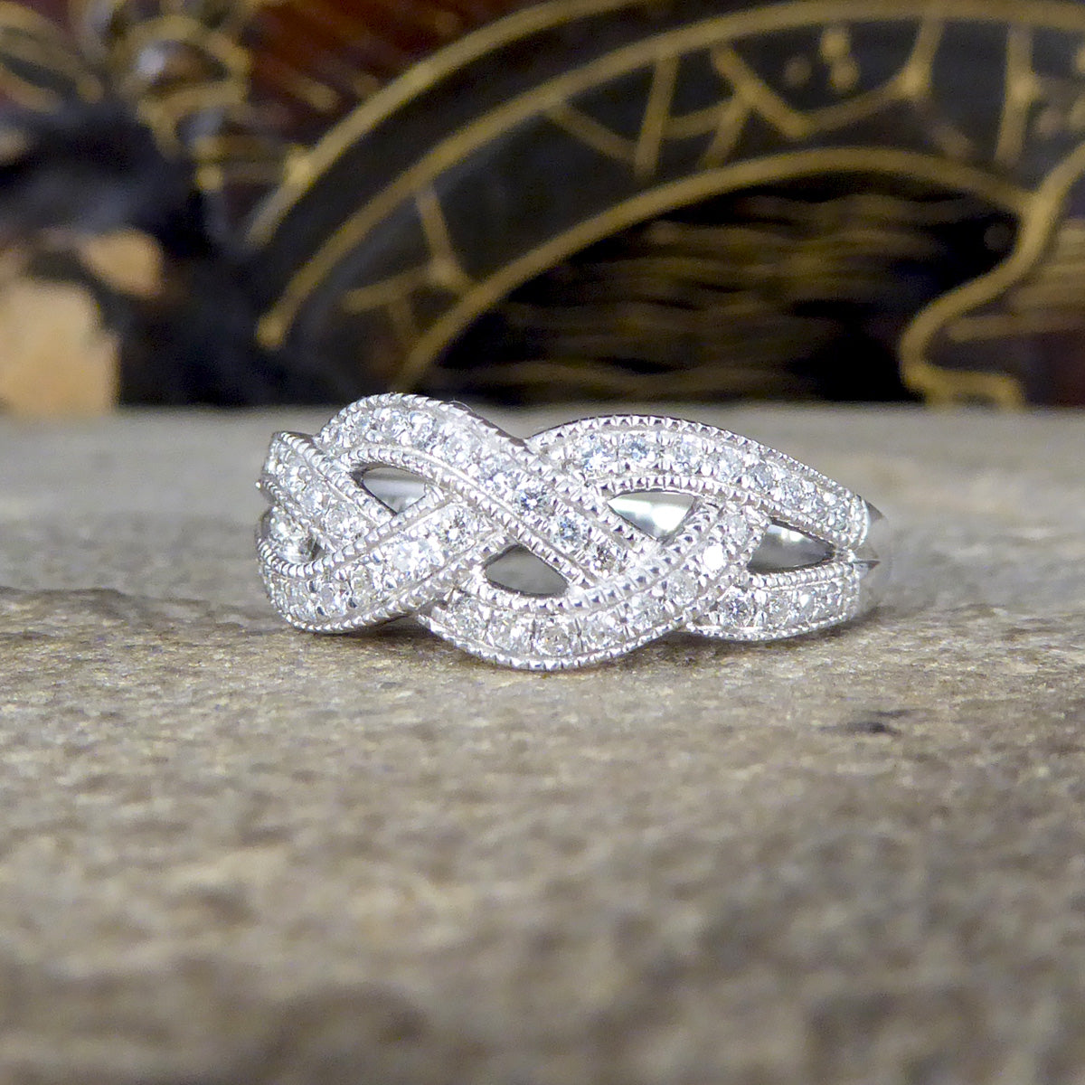 Diamond Set Milgrain Plait Half Eternity Ring in White Gold - Wharfedale Antiques