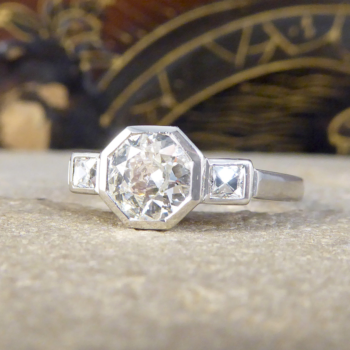 Old European and French Cut Diamond Octagon Design Three Stone Ring in Platinum - Wharfedale Antiques