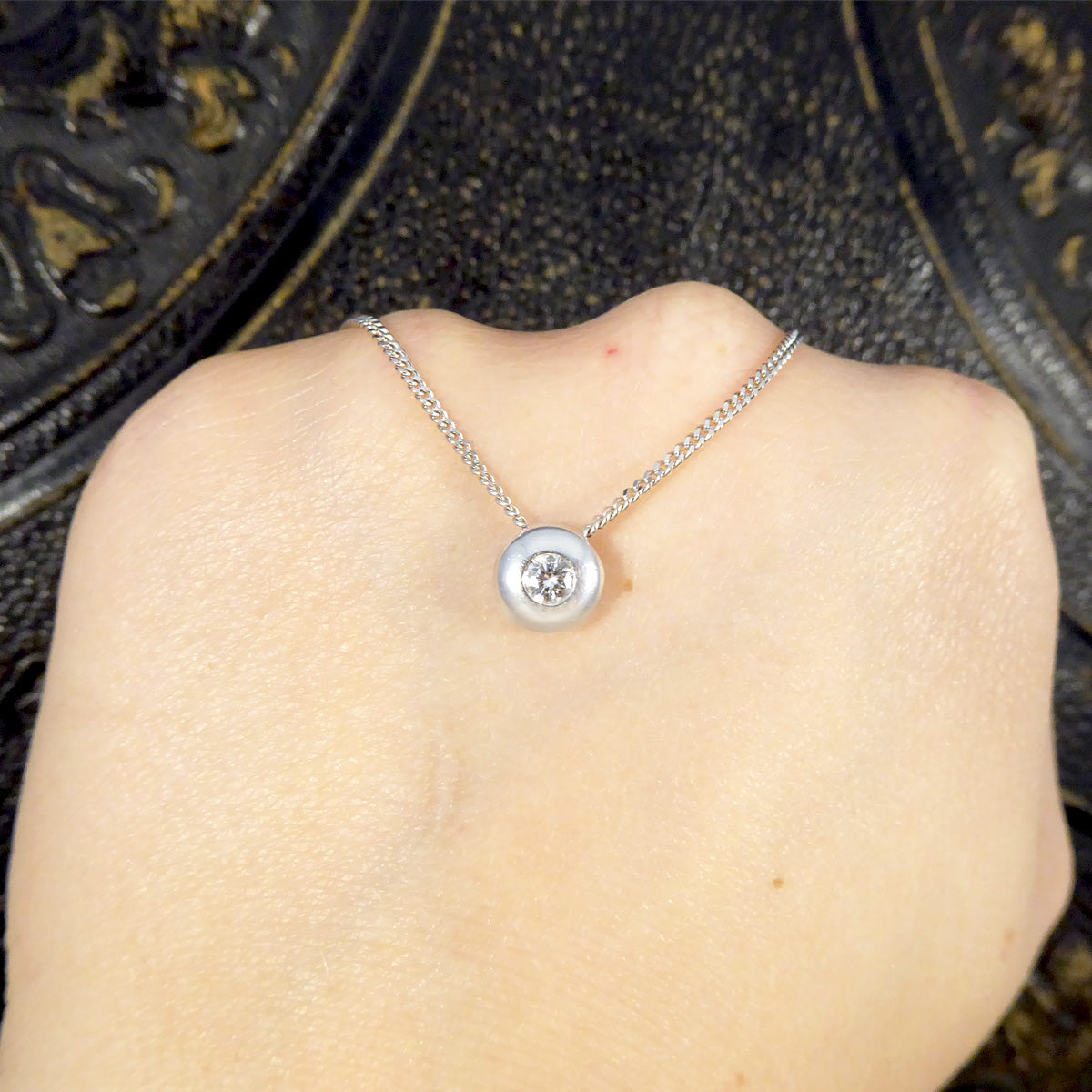 Diamond Circular Pendant Necklace with Rub Over Collar Setting in 18ct White Gold