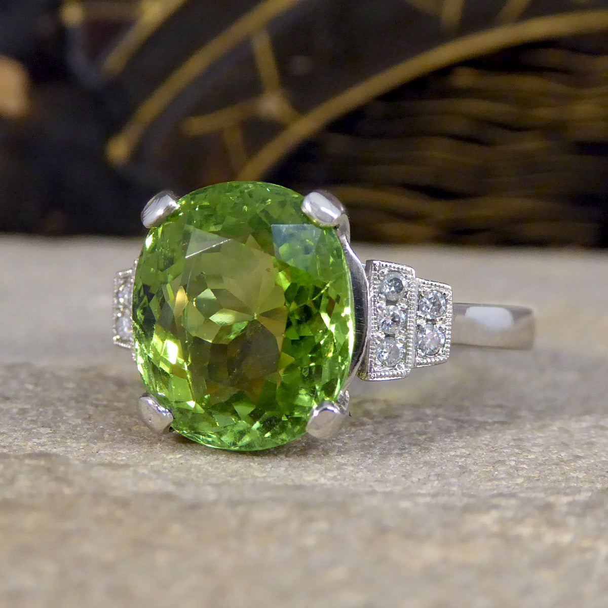 Green Tourmaline Ring with Diamond Staged Shoulders in Platinum - Wharfedale Antiques