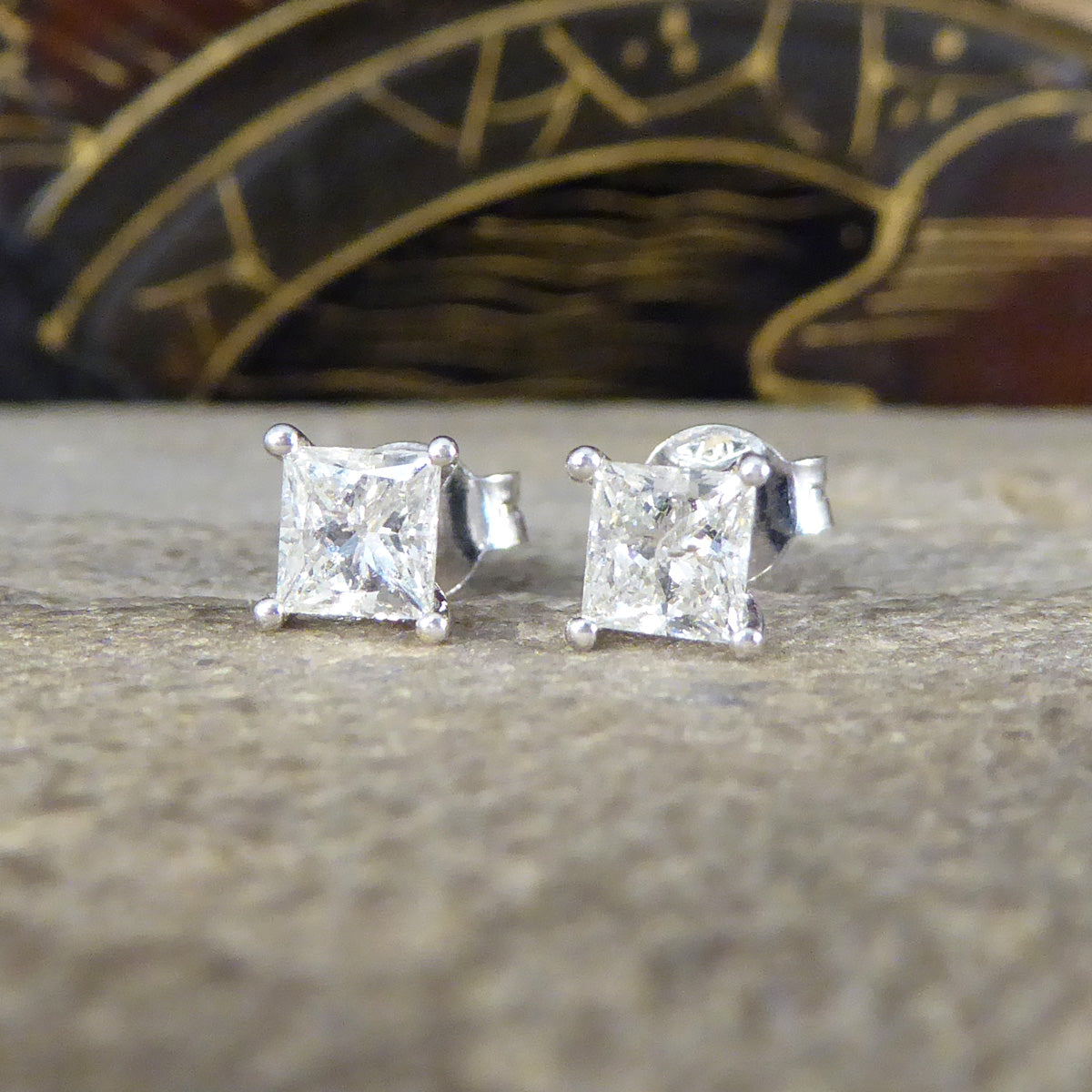 Princess Cut Diamond Stud Earrings Weighing 0.91ct in 18ct White Gold - Wharfedale Antiques