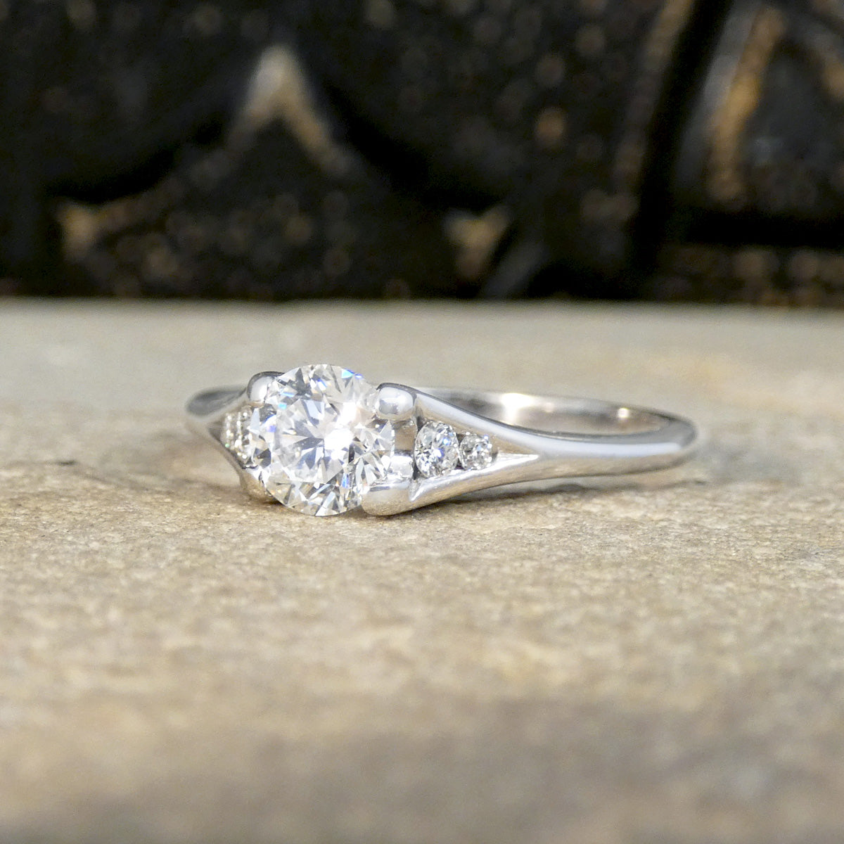 Diamond Solitaire Engagement Ring with Diamond Set Shoulders in 18ct White Gold - Wharfedale Antiques