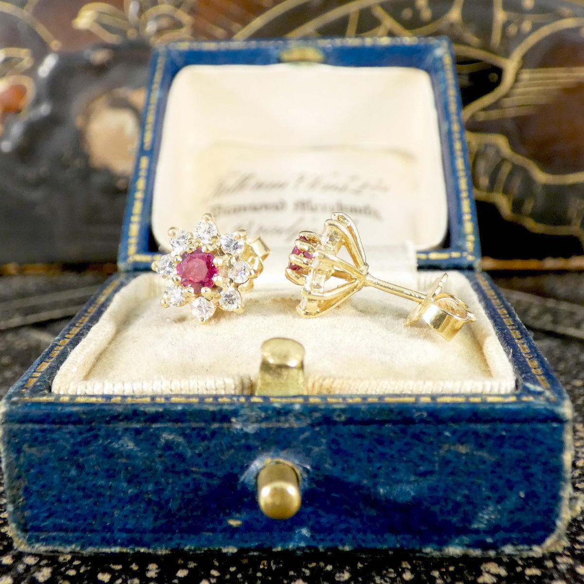 Ruby and Diamond Flower Cluster Earrings in 18ct Yellow Gold