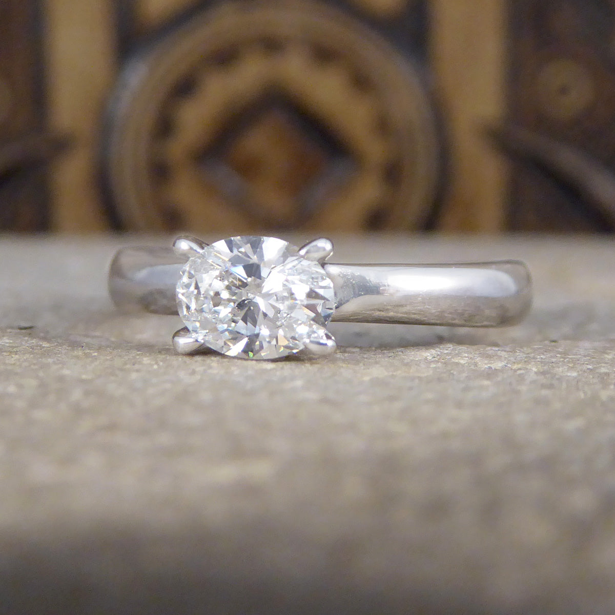 Oval Cut East West Diamond Solitaire Ring in 18ct White Gold - Wharfedale Antiques