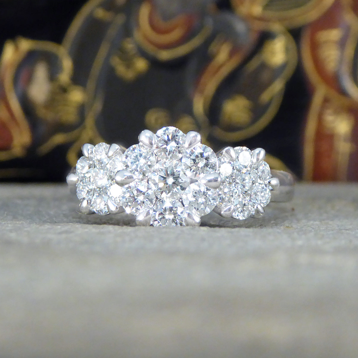 Diamond Triple Daisy Cluster Illusion Three Stone Ring in Platinum
