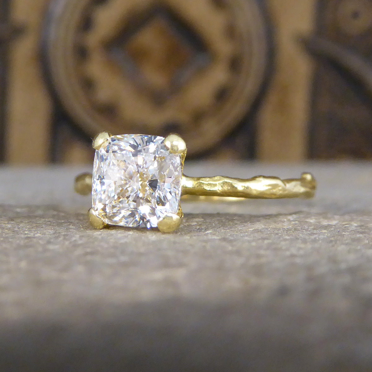 GIA 1.00ct F VS Modified Cushion Diamond Solitaire Ring in 18ct Yellow Gold Fine Detailed Band - Wharfedale Antiques