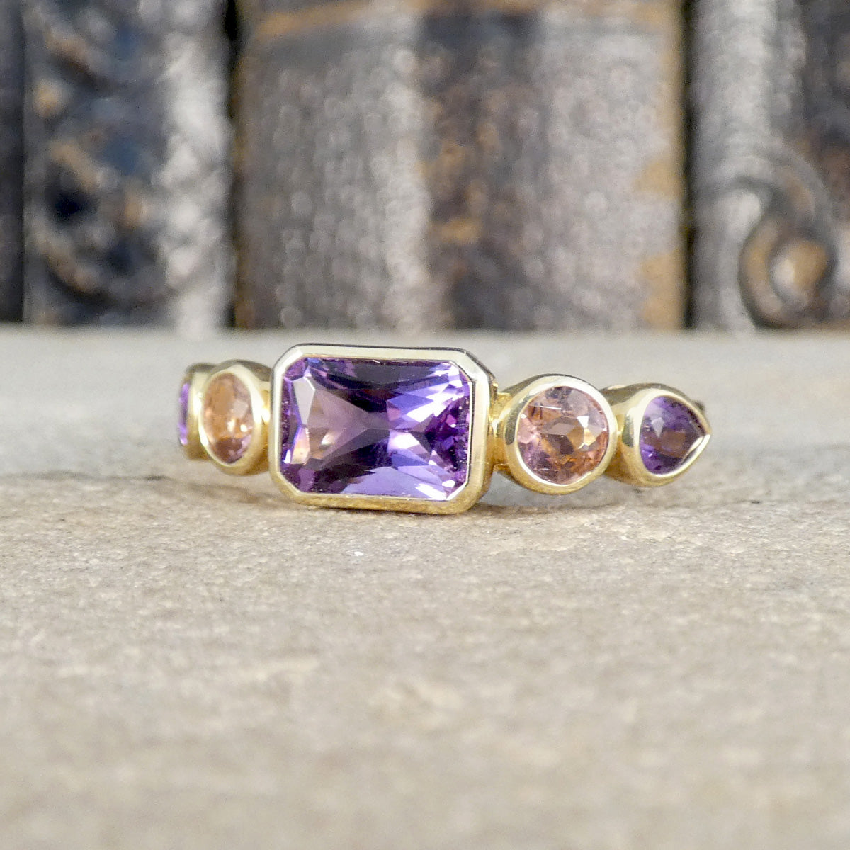 Amethyst and Pink Tourmaline Five Stone Ring in Yellow Gold