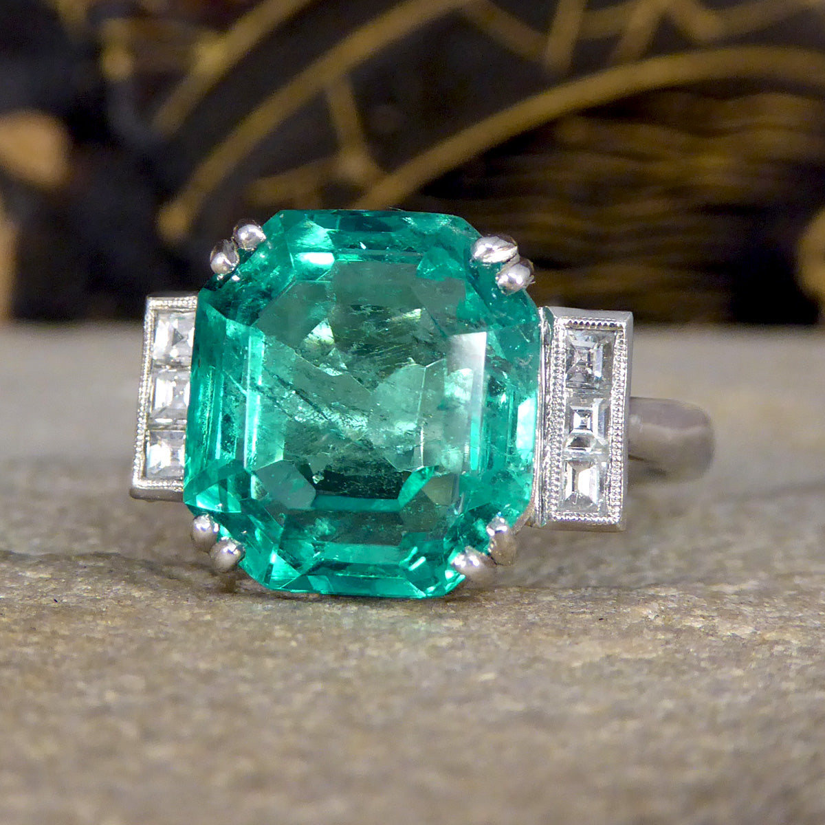 Bright 6.19ct Octagonal Cut Columbian Emerald and Diamond Ring in Platinum with Gem Cert - Wharfedale Antiques