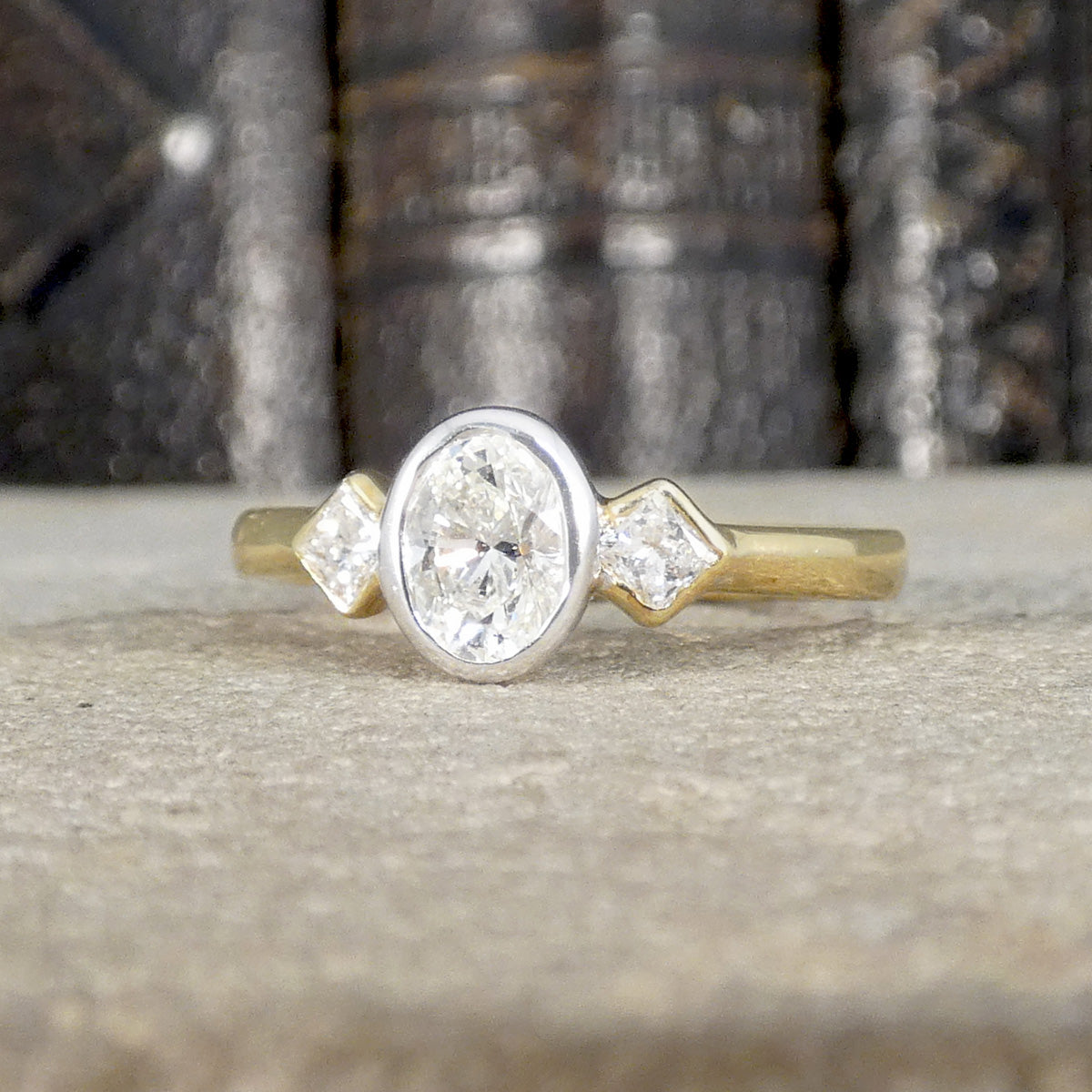 Oval and Princess Cut Diamond Three Stone Ring in 18ct White and Yellow Gold