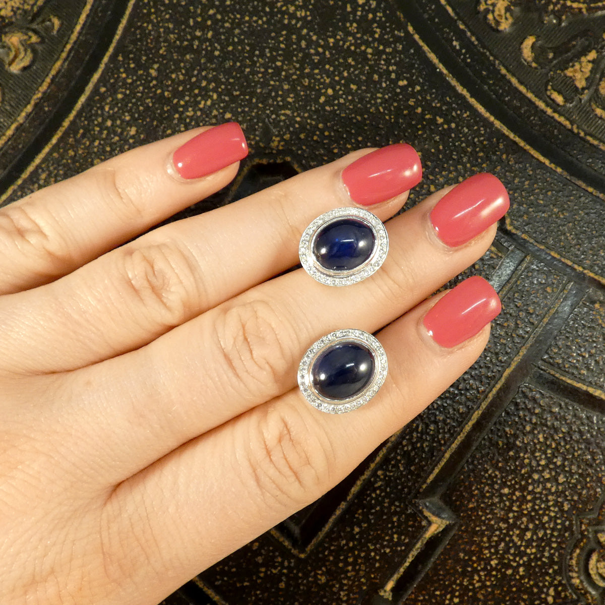 Cabochon Sapphire and Diamond Cluster Stud Earrings 18ct White Gold - Wharfedale Antiques