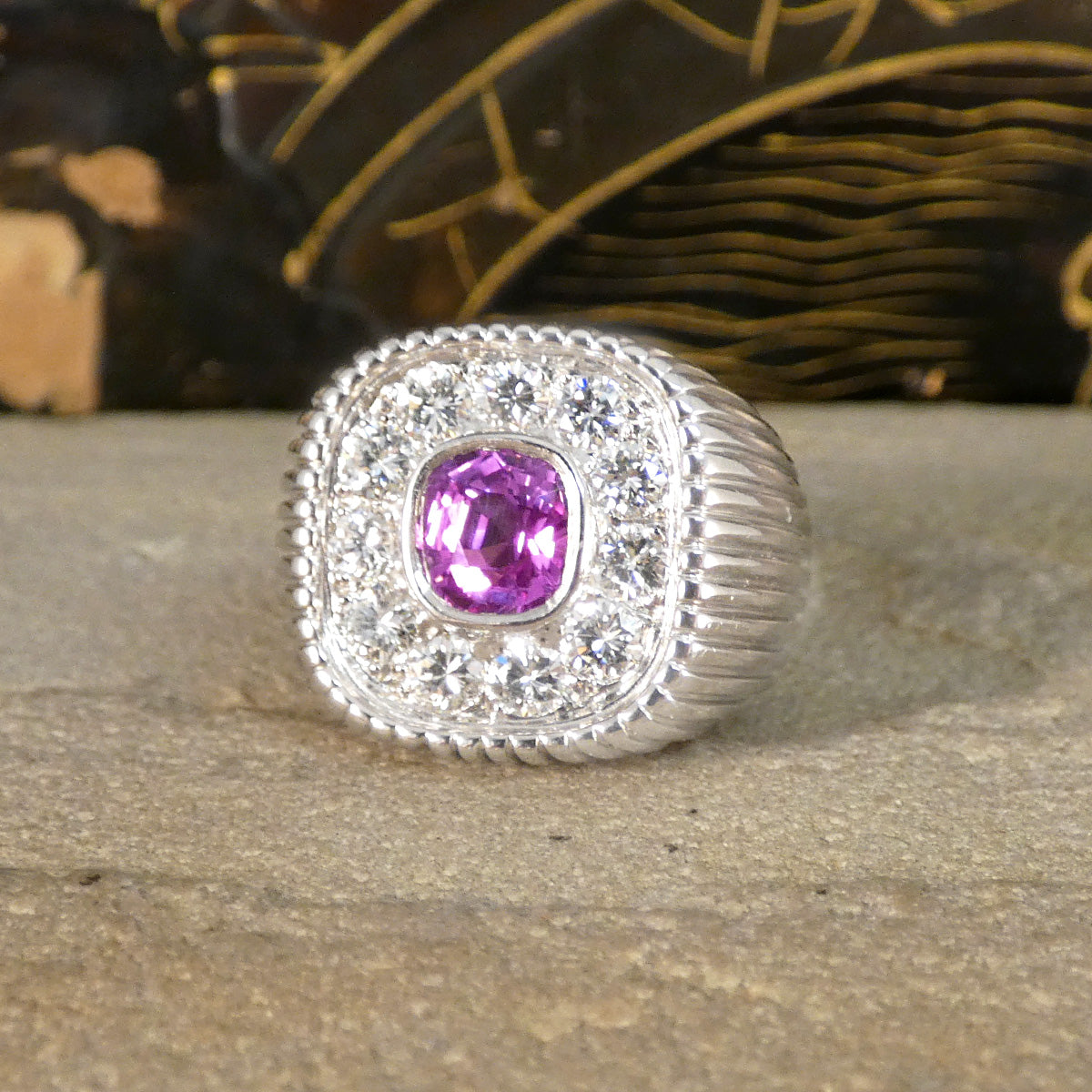 Chunky French Signet Ring with a Pink Sapphire and Diamond Cluster in Platinum - Wharfedale Antiques