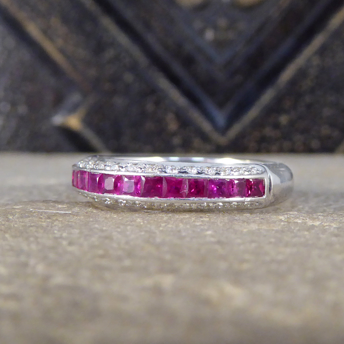 Ruby and Diamond Half Eternity Domed Ring in 18ct White Gold - Wharfedale Antiques