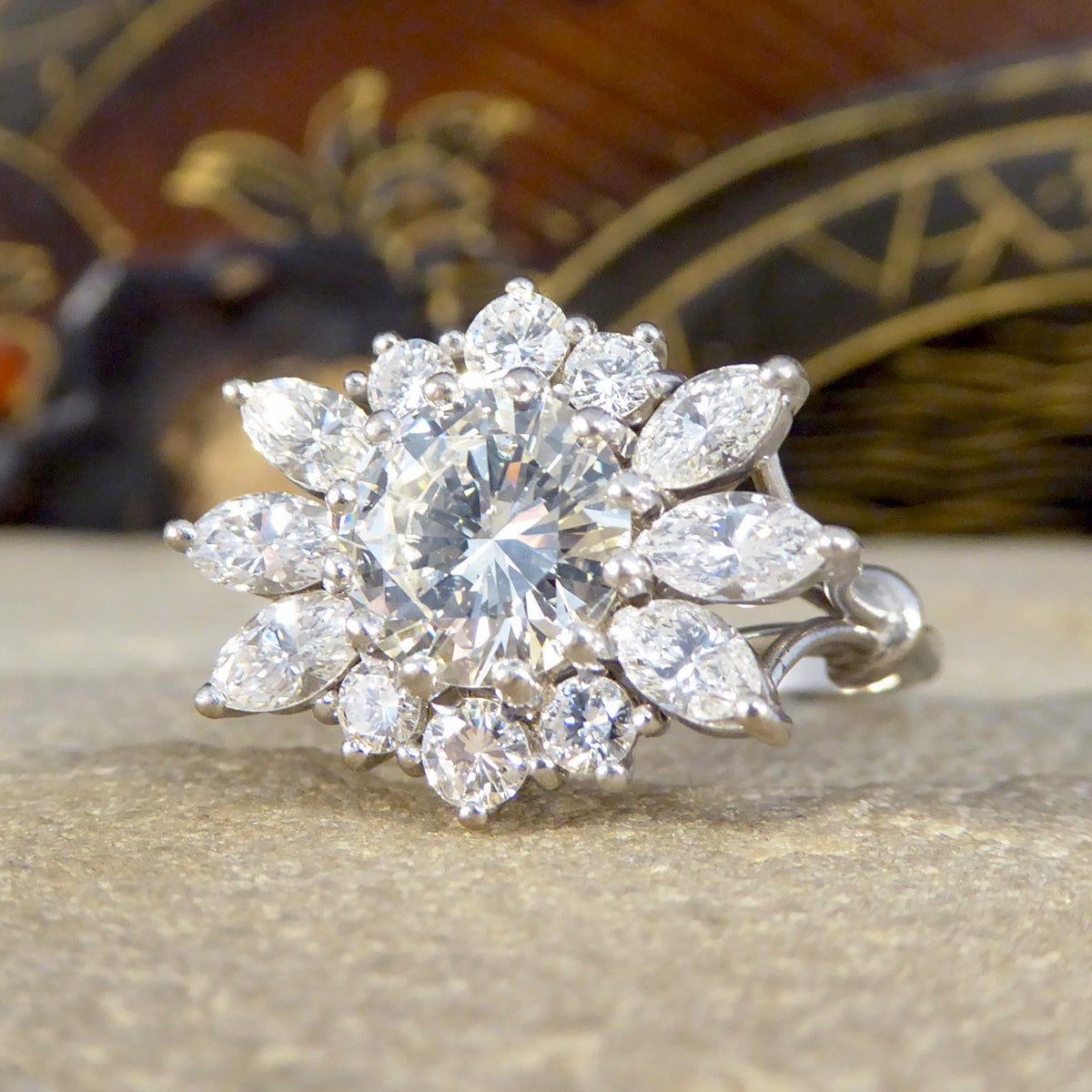 3.28ct Diamond Flower Burst Cluster Ring in 18ct White Gold