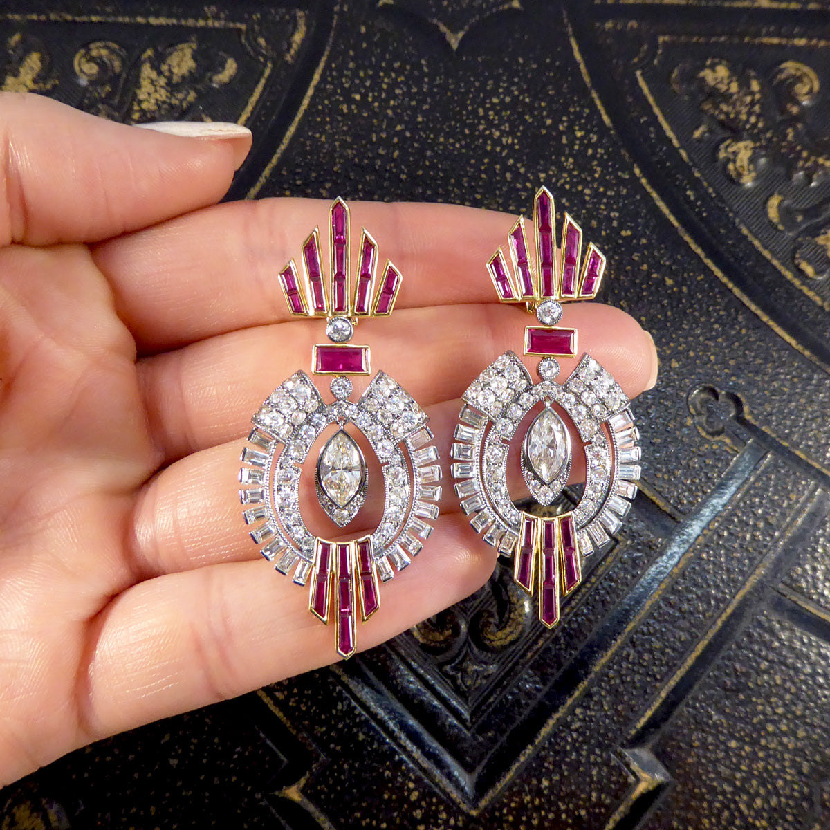 1960's Ruby and Diamond Drop Cocktail Dress Earrings in 18ct Gold and Platinum - Wharfedale Antiques