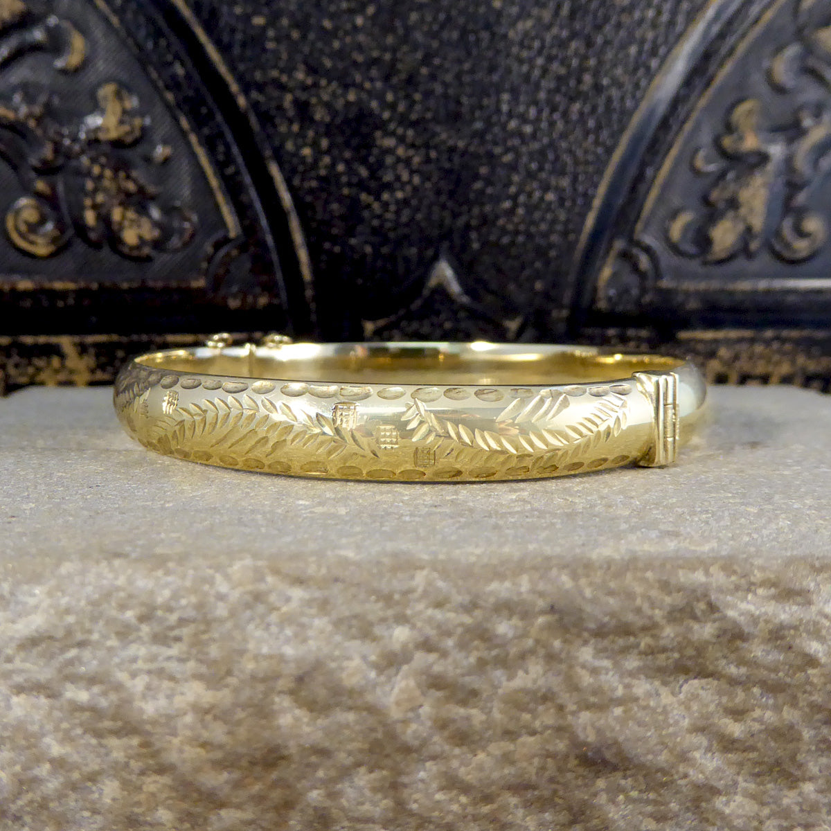 Vintage Yellow Gold Engraved Bangle with Safety Chain - Wharfedale Antiques