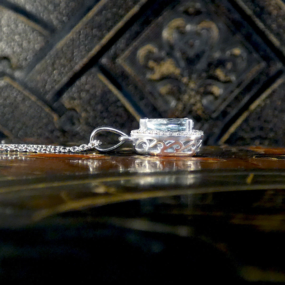 Diamond and Pear Cut Aquamarine Cluster Pendant Necklace in White Gold - Wharfedale Antiques