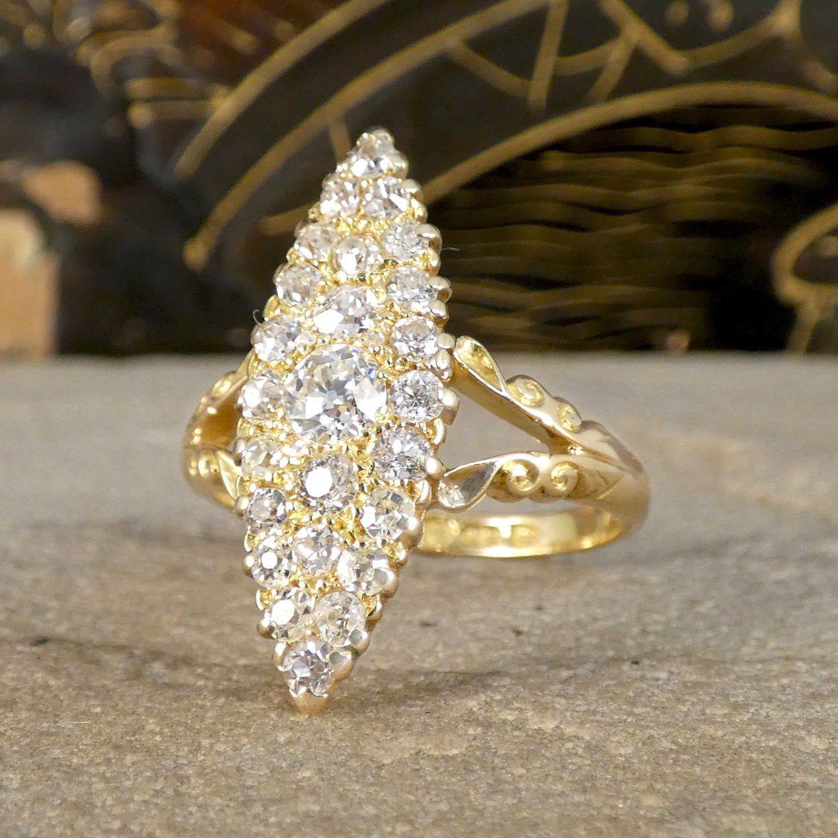 C1900 Antique Diamond Navette Marquise Cluster Ring in 18ct Yellow Gold - Wharfedale Antiques
