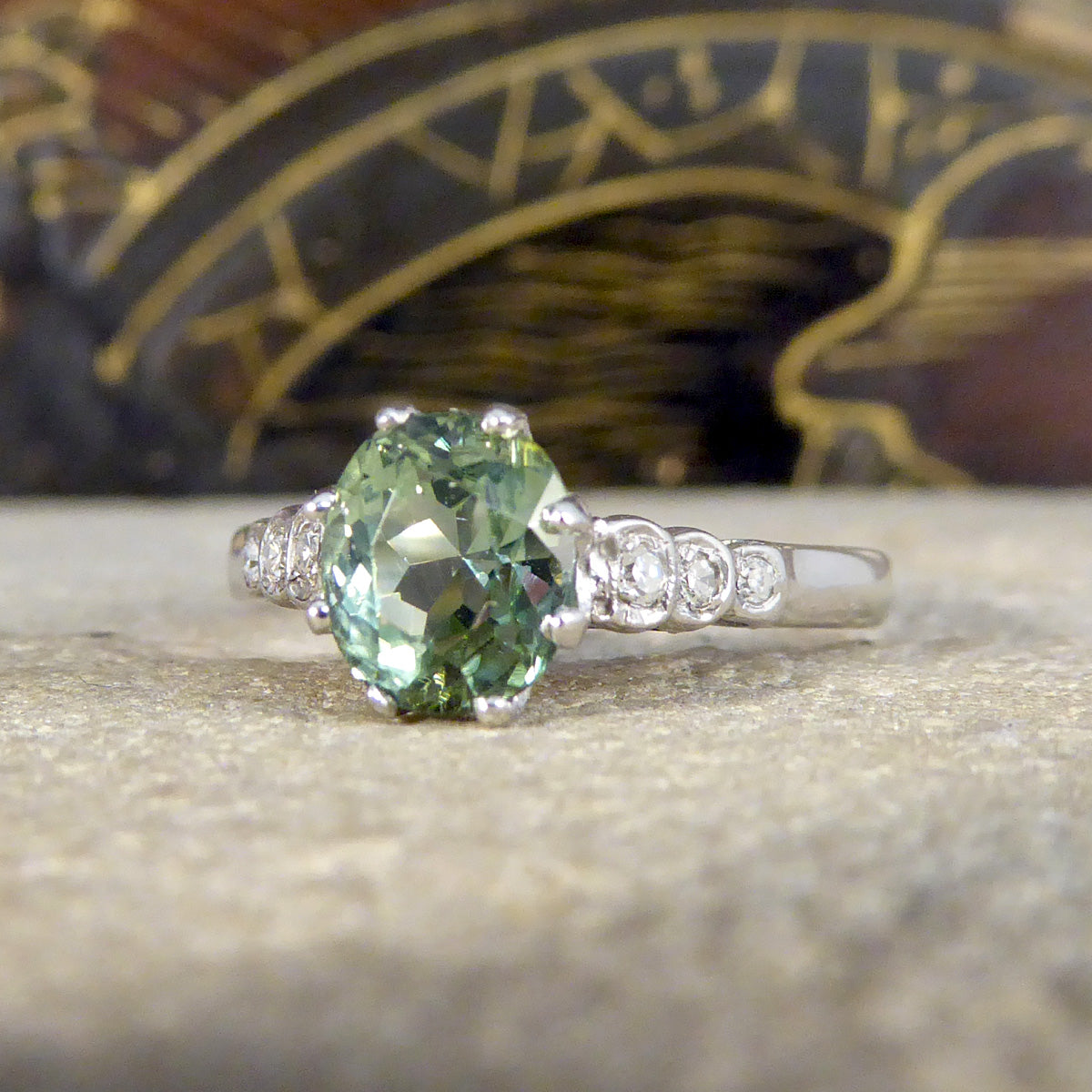Enchanting Green Tourmaline Ring with Diamond Shoulders in 18ct White Gold - Wharfedale Antiques