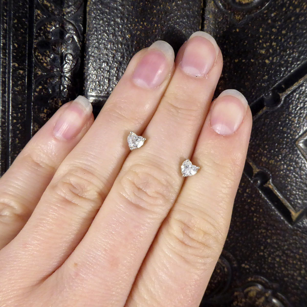 Heart Cut Diamond Earrings 0.81ct Total in Platinum Claw Set Studs - Wharfedale Antiques