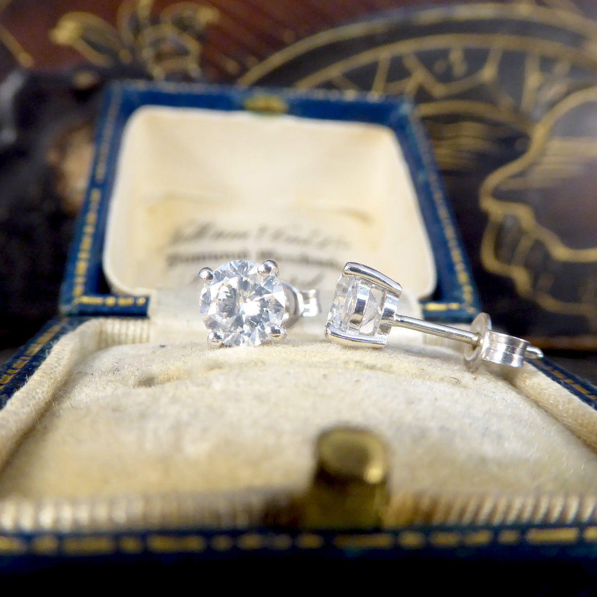 1.49ct Diamond Four Claw Stud Earrings in 18ct White Gold - Wharfedale Antiques